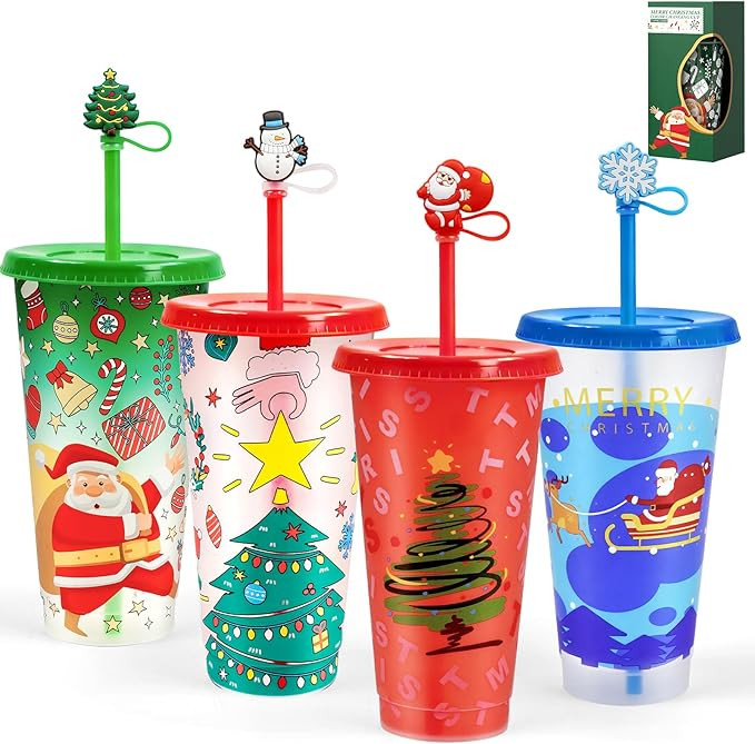 Christmas Color Changing Cups with Lids, Straws & Cute Straw Caps, 24oz PP Reusable Tumblers for ... | Amazon (US)