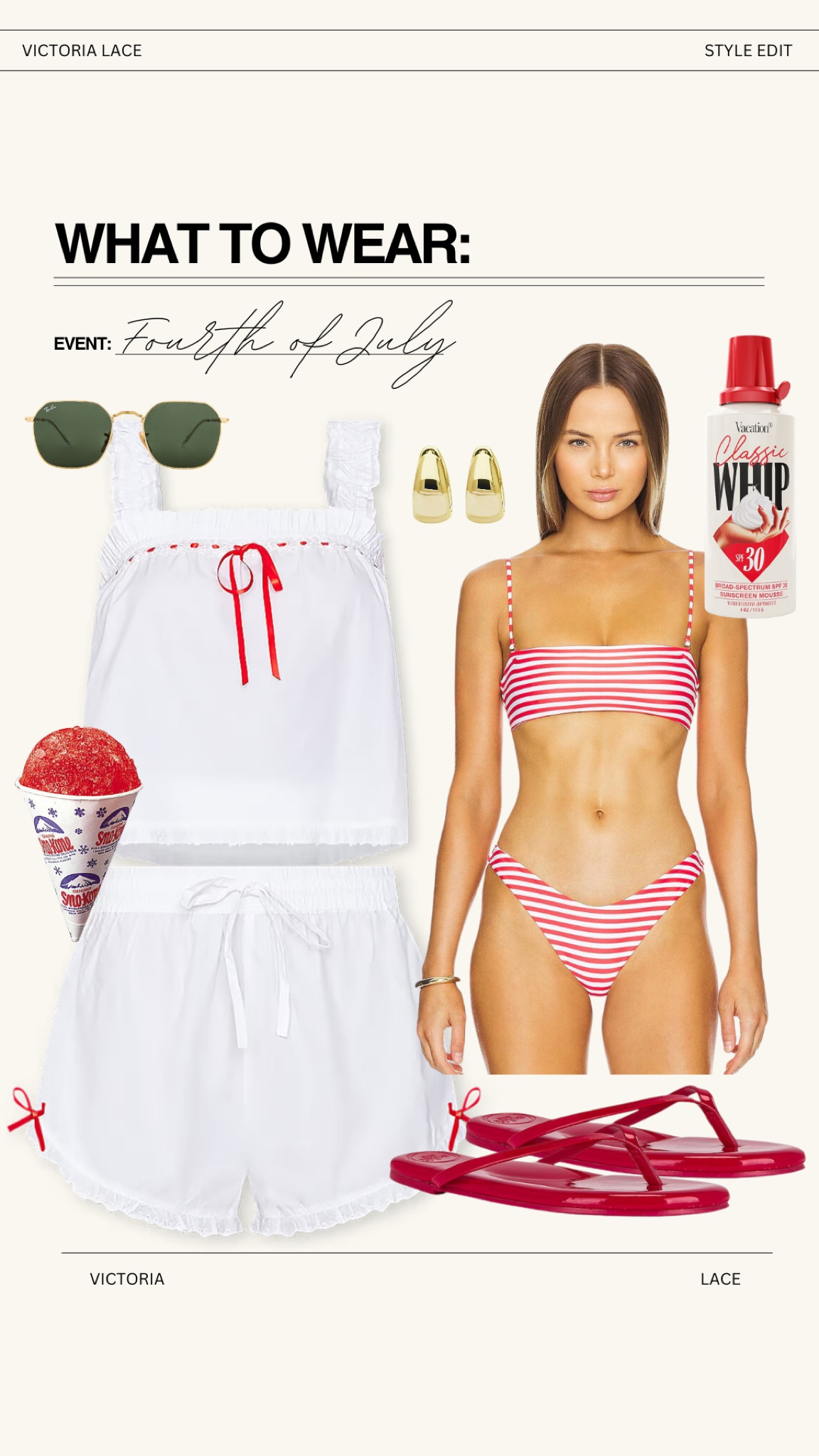Fourth of July outfit inspo! This babydoll set from revolve is everything! I love the red sandals, I feel like they’re so wearable all summer. And if you don’t have a July 4th swimsuit, this one is perfect. It comes in a one-piece as well, linked here. 

#sunglasses #dupe #pool #lake #fashion #white #trendy #bikini #red #stripe #flipflops