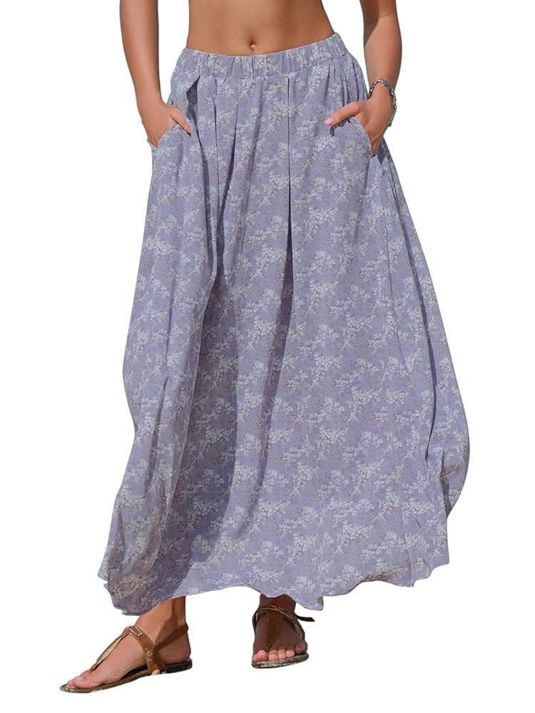 EXLURA Womens Elastic High Waist Flared Maxi Skirts Floral Swing Midi Skirt Casual Summer Long Sk... | Amazon (US)