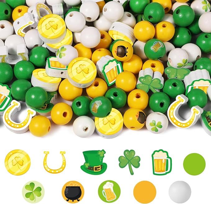 245pcs St. Patrick's Day Wooden Beads, Colorful St Patricks Wood Beads Clover/Shamrock Wooden Bea... | Amazon (US)