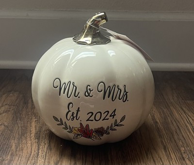 Mr & Mrs Est. 2024 Martha Stewart Ceramic Pumpkin with Gold Stem Fall Leaves  | eBay | eBay US