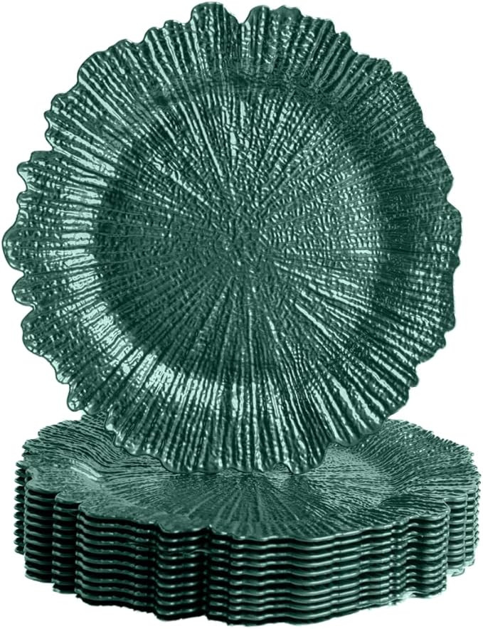 Koyal Wholesale 12 Pcs Reef Emerald Green Charger Plates Plastic with Floral Round Ruffled Rim Da... | Amazon (US)