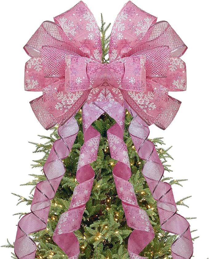 Christmas Tree Topper Bow Large 13"X48" Christmas Bows Tree Decorations, Xmas Winter Glitter Whit... | Amazon (US)