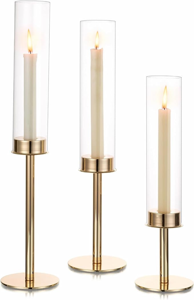 Hewory Gold Candle Holders Hurricane Candlestick Holders, 3Pcs Candle Stick Candle Holder Candela... | Amazon (US)