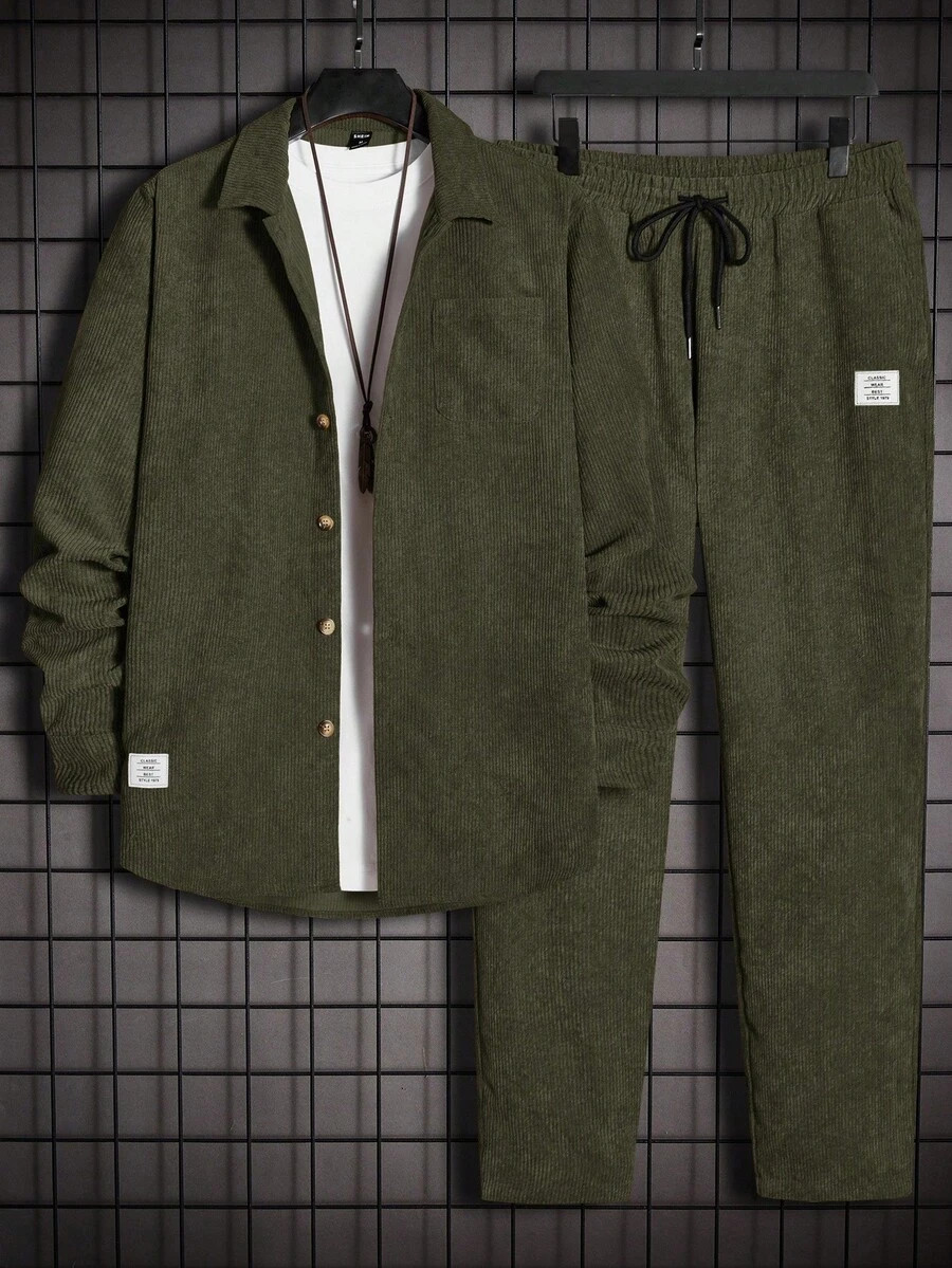 EASEVO Plus Size Men's Vintage Front Button Corduroy Shirt And Pants Set, Autumn Outfit, Cozy Out... | SHEIN