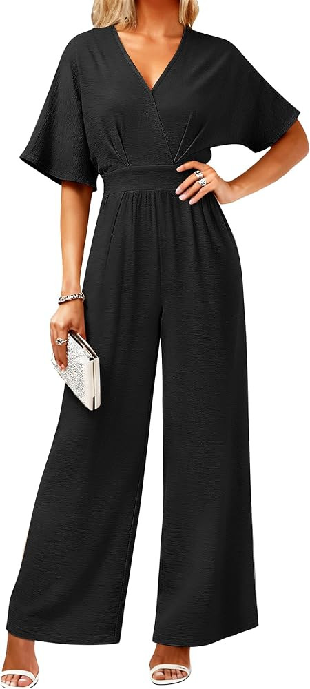 LOOKBOHO Women's One Piece Jumpsuits Dressy Casual V Neck Wide Leg Rompers | Amazon (US)