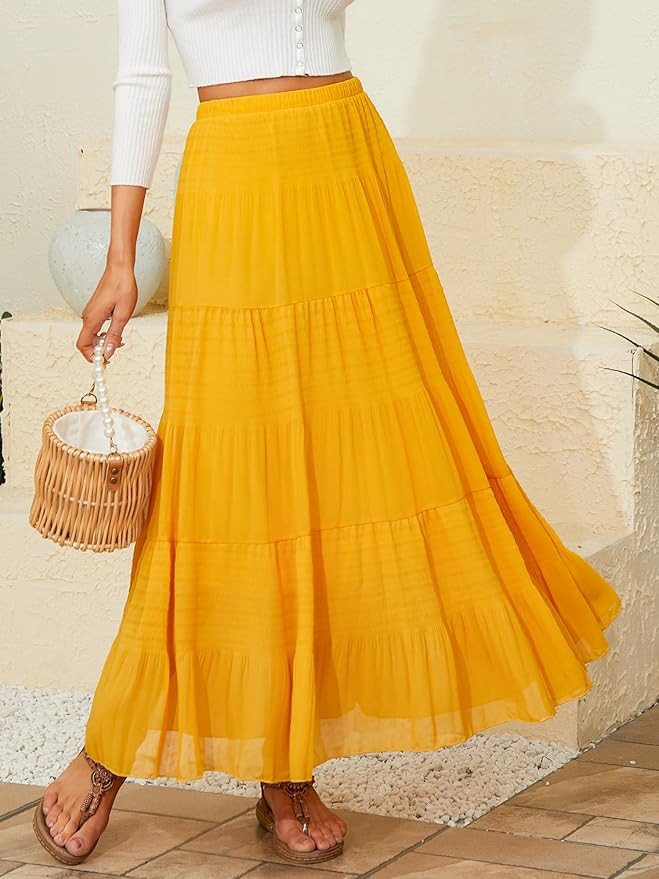 NASHALYLY Women's Chiffon Elastic High Waist Pleated A-Line Flared Maxi Skirts | Amazon (US)