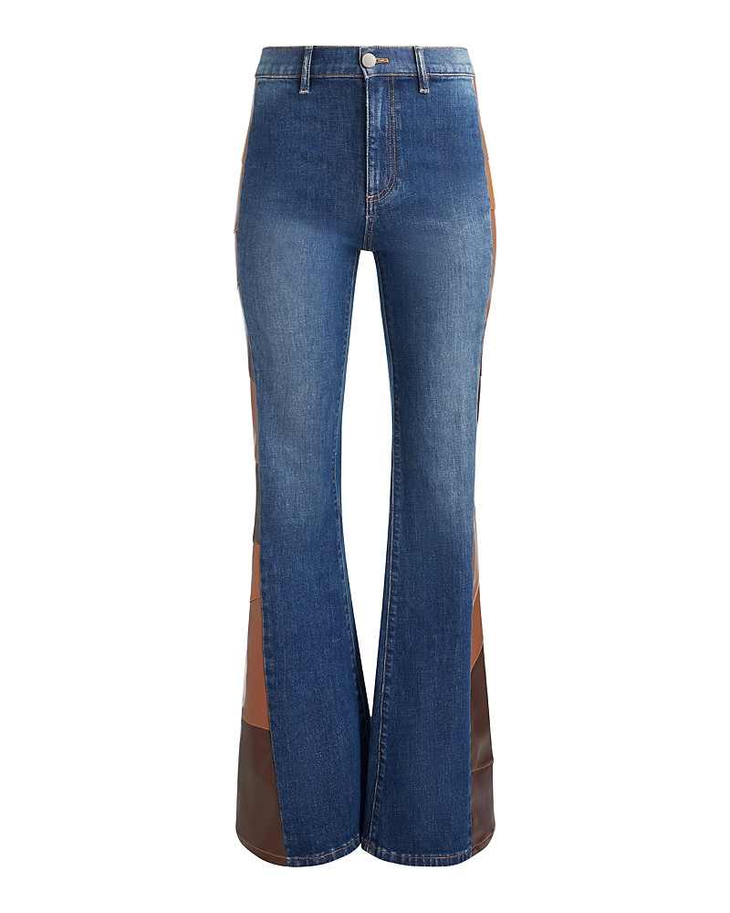 Alice and Olivia High Rise Faux Leather Patchwork Flare Jeans in Darby Vintage Blue | Bloomingdale's (US)