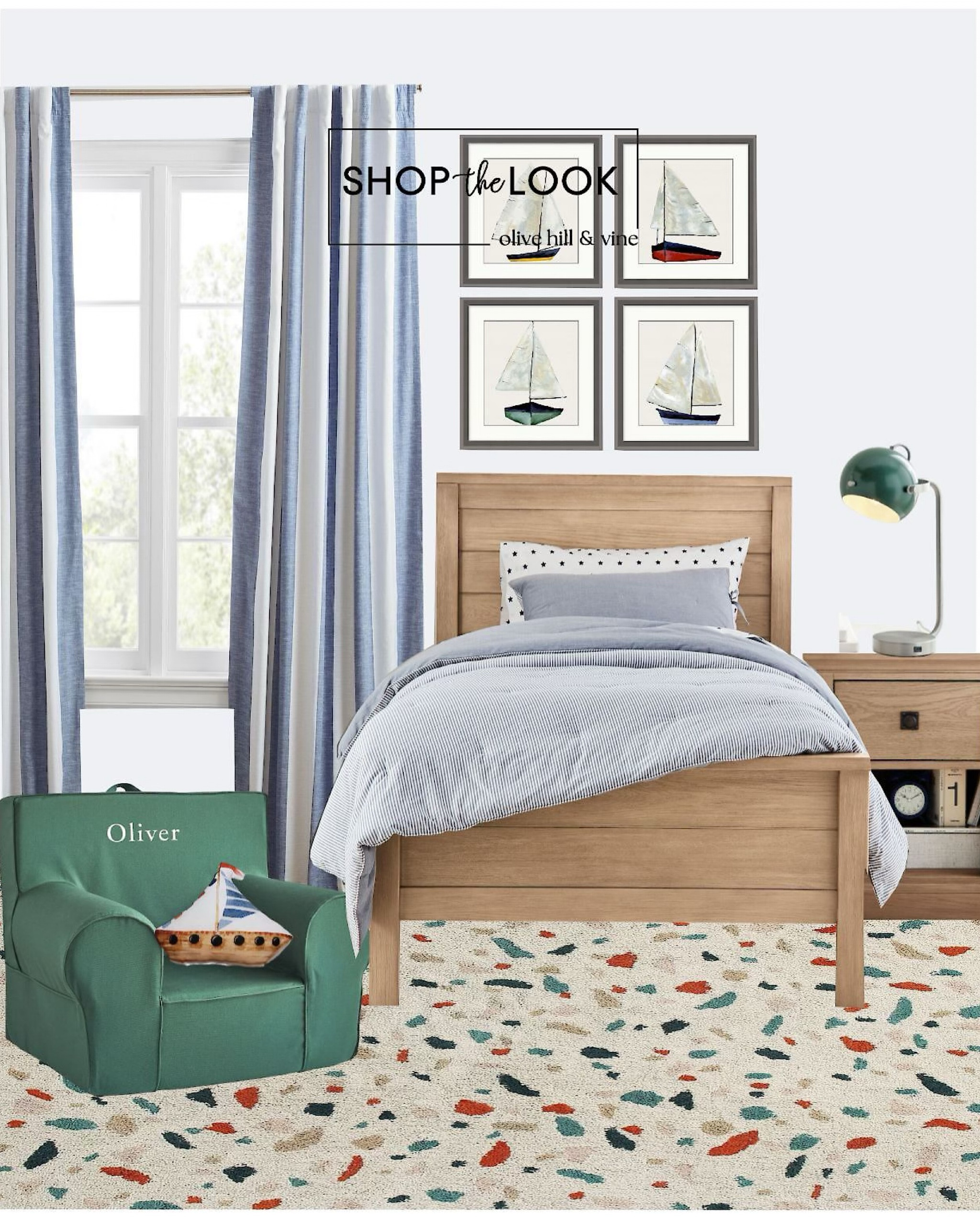 Sail away to dreamy adventures with our curated boy's bedroom design. Start with the essentials: craftsman-style furniture, including a horizontal-paneled bed and a nightstand with a drawer and open shelf. Add a speckled rug and a personalized forest green chair. A desk lamp on the nightstand and blackout curtains with blue stripes provide the perfect blend of function and style. Complete the look with four framed little boat wall art pieces and a charming sailboat decorative pillow.  

#LTKHome #LTKFamily #LTKKids