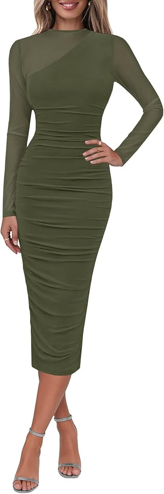 Lazysmile Long Sleeve Mesh Dresses for Women Mock Neck Ruched Bodycon Elegant Cocktail Club Party... | Amazon (US)