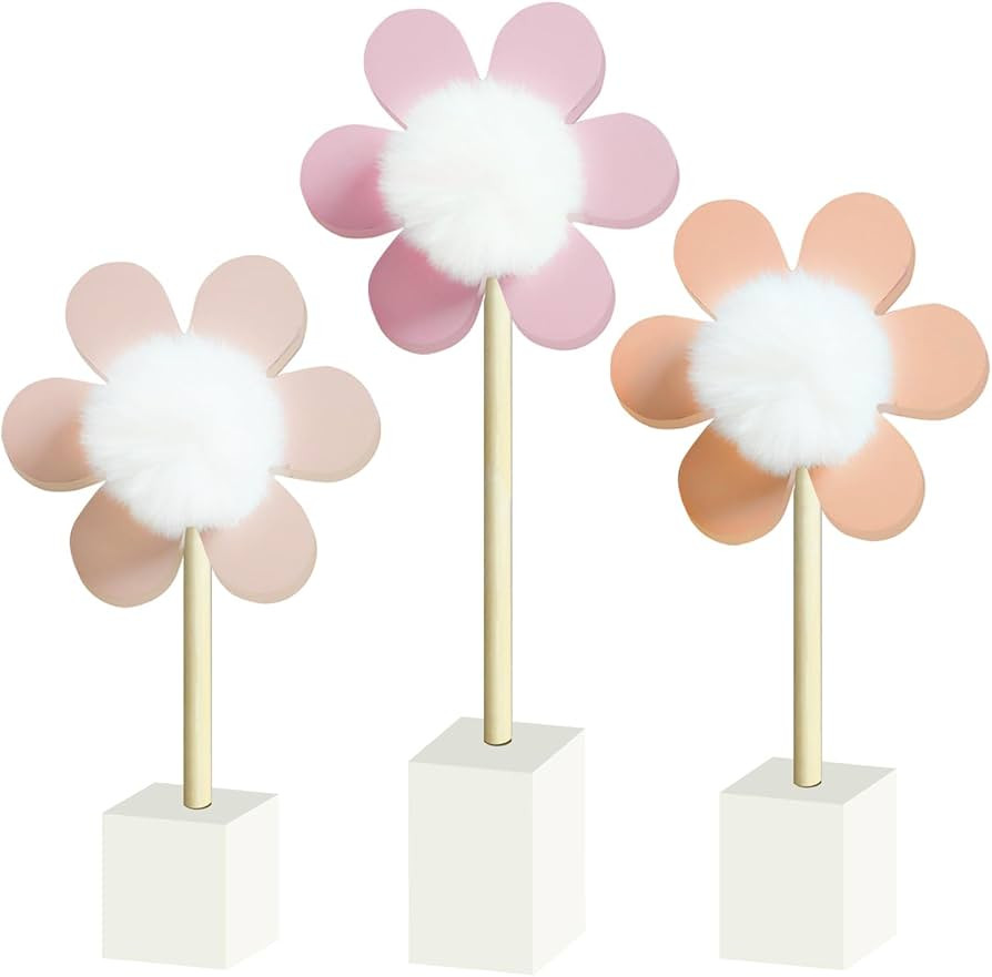 3 Pack Daisy Nursery Shelf Decor, Wooden Flower with Pompom Pistil Boho Baby Girl Nursery Room De... | Amazon (US)