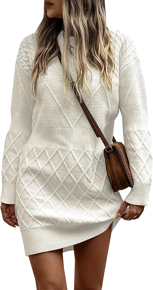 Angashion Sweater Dress for Women - 2025 Fall Winter Long Sleeve Crewneck Slim Fit Diamond Knit C... | Amazon (US)
