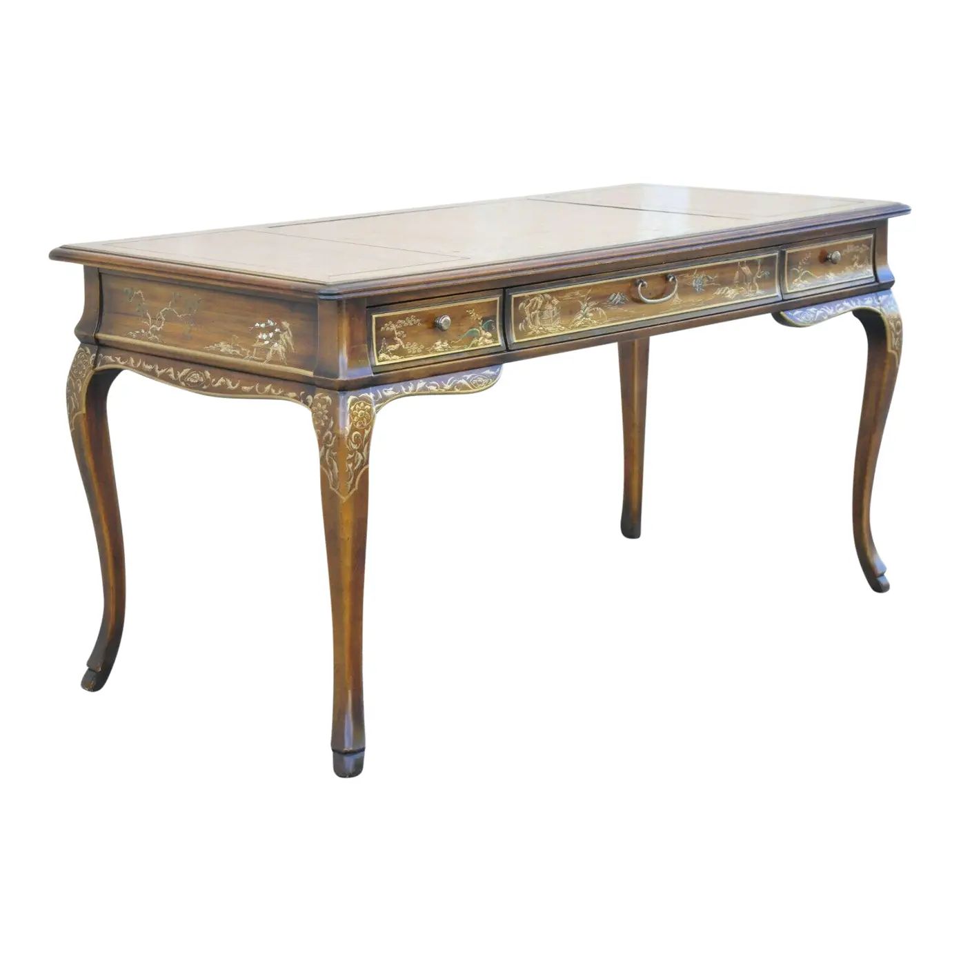 Vintage Drexel Et Cetera Chinoiserie Leather Top Hand Painted Writing Desk | Chairish