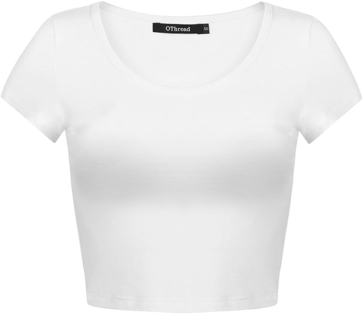 OThread & Co. Women's Basic Crop Tops Stretchy Casual Scoop Neck Cap Sleeve Shirt | Amazon (US)