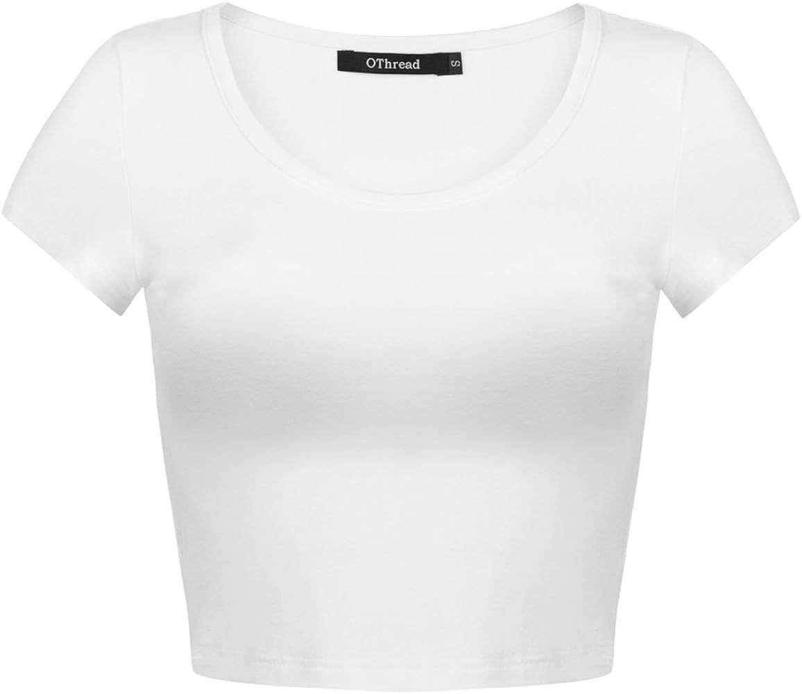 OThread & Co. Women's Basic Crop Tops Stretchy Casual Scoop Neck Cap Sleeve Shirt | Amazon (US)