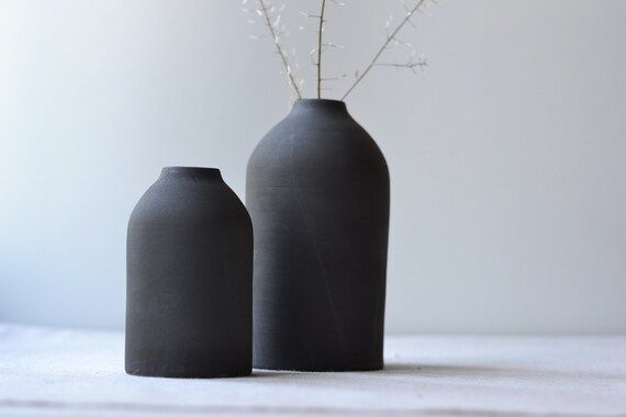 Rustic Black Clay Bottle Vases, Matte black glaze on black stoneware | Handmade Stoneware Ceramic... | Etsy (US)