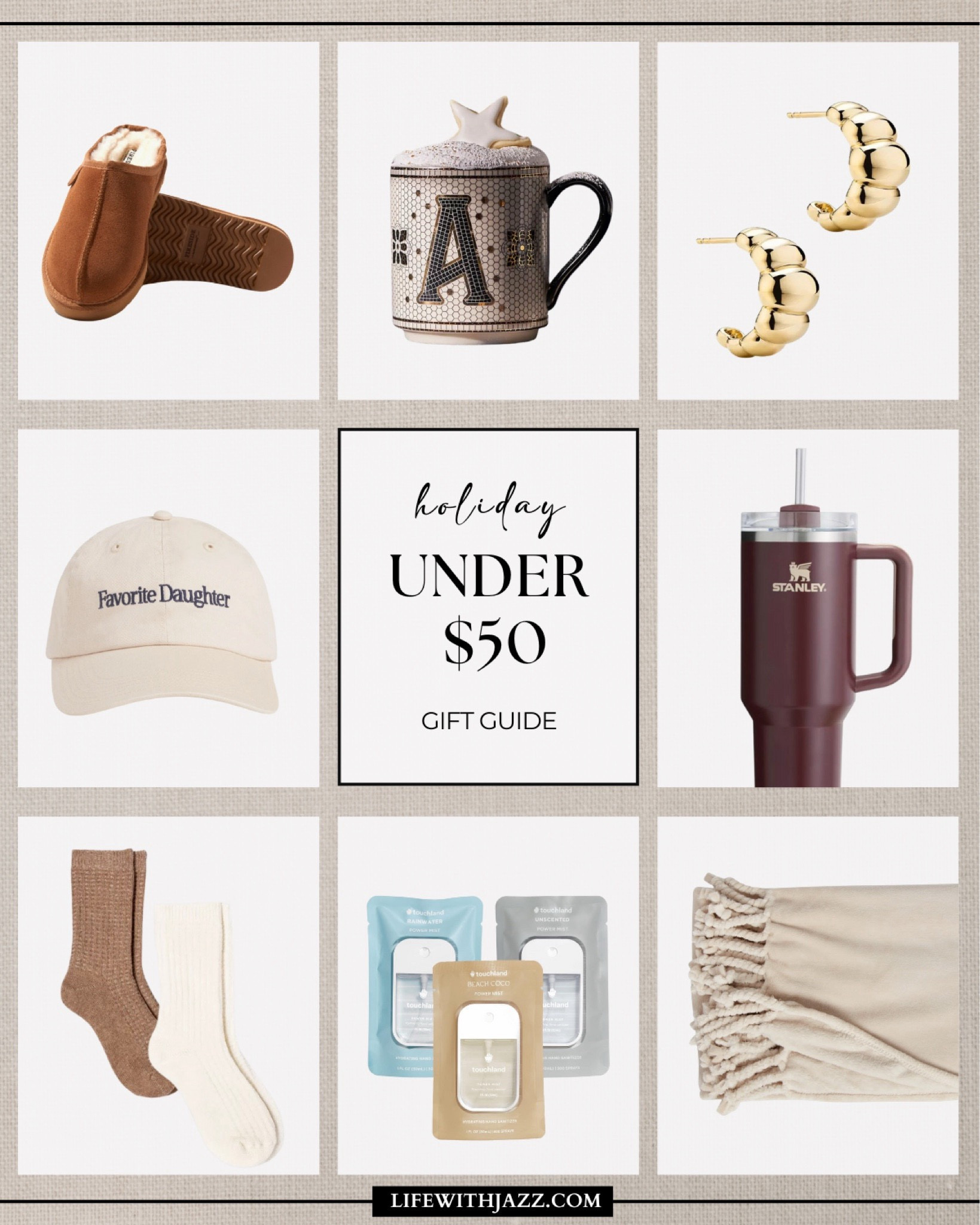 Holiday gift guide: under $50 

• personalized mug is on sale for under $10 
• earrings are on sale for 25% off at my jewelry line 

Slippers / personalized mug / earrings / baseball hat / Stanley mug / socks / touch land sanitizers/ blanket / for her / homebody 

#LTKGiftGuide #LTKFindsUnder50