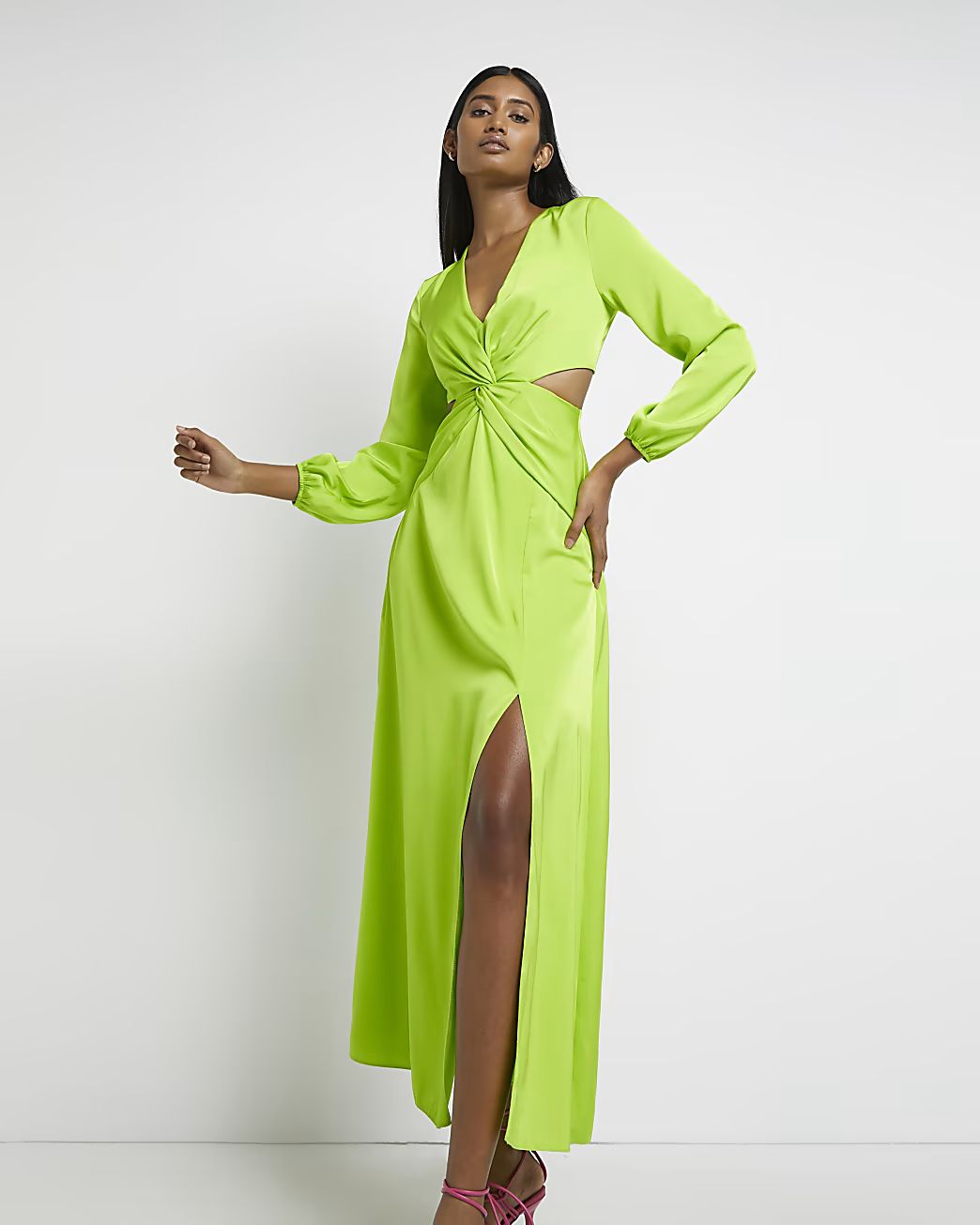 Lime satin cut out maxi dress | River Island (UK & IE)