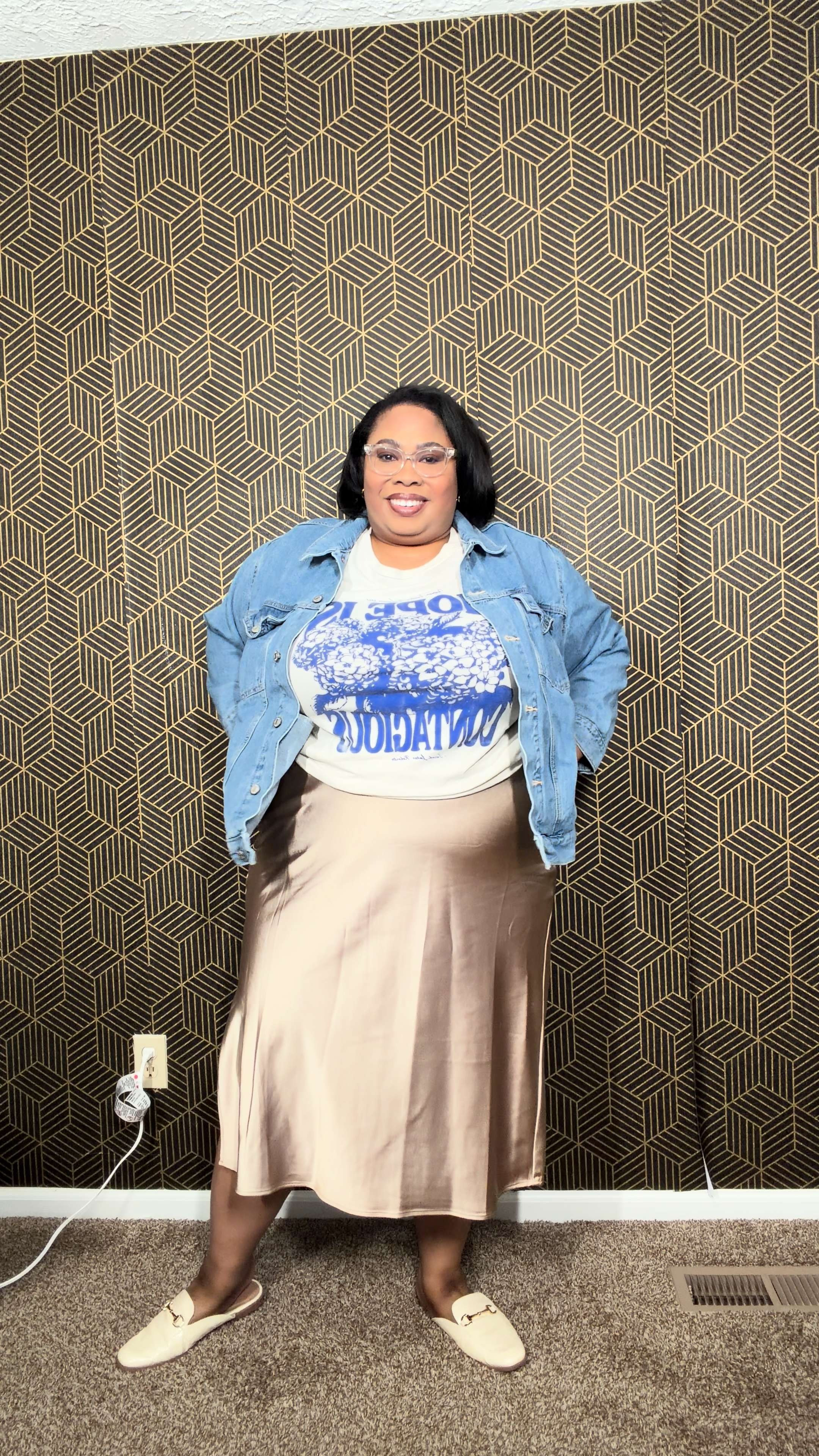 Spring transitional outfit featuring a silk skirt and a graphic tee.  

 #LTKgrwm #LTKootd #LTKPlusSize