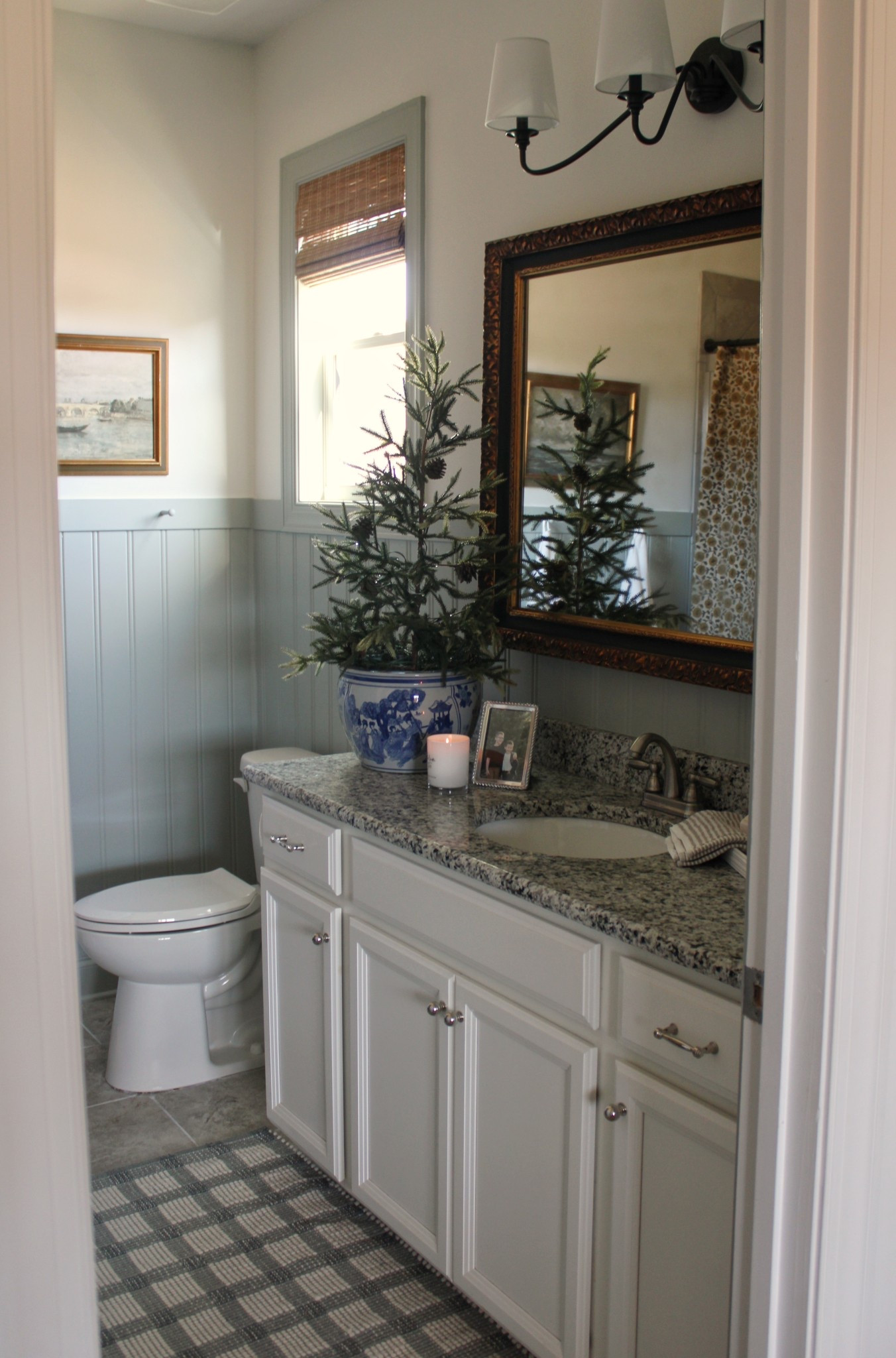 Shower curtain color: Honey
Roman Shade Color: Brown 206

Bathroom mini makeover, no drill Roman shades, polished nickel drawer pulls, simple bathroom styling 

#LTKFindsUnder50 #LTKHome #LTKFindsUnder100