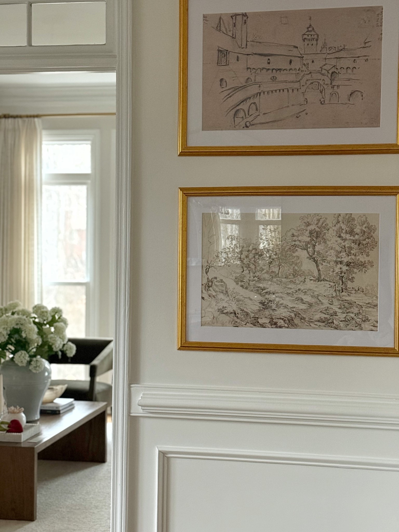 Wall art, etsy print, landscape art, Urbandi, two pages, neutral curtains, pottery barn, coffee table, spring florals, amazon 