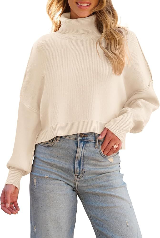 MEROKEETY Women's Turtleneck Cropped Sweater 2023 Batwing Sleeve Oversized Ribbed Knit Pullover J... | Amazon (US)