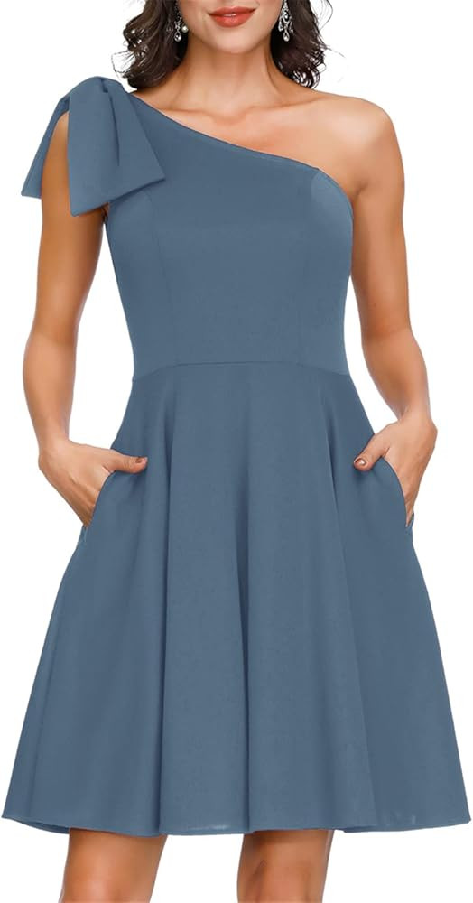 JASAMBAC Women's Bow One Shoulder Dress with Pockets A-line Cocktail Party Dress | Amazon (US)
