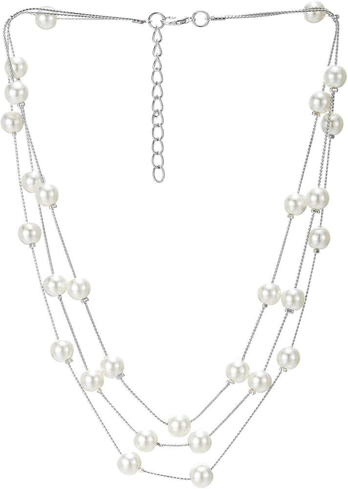 Long Statement Necklace, White Faux Pearl Layered Necklace, Three-Strand Chains with Beads, Elega... | Amazon (US)