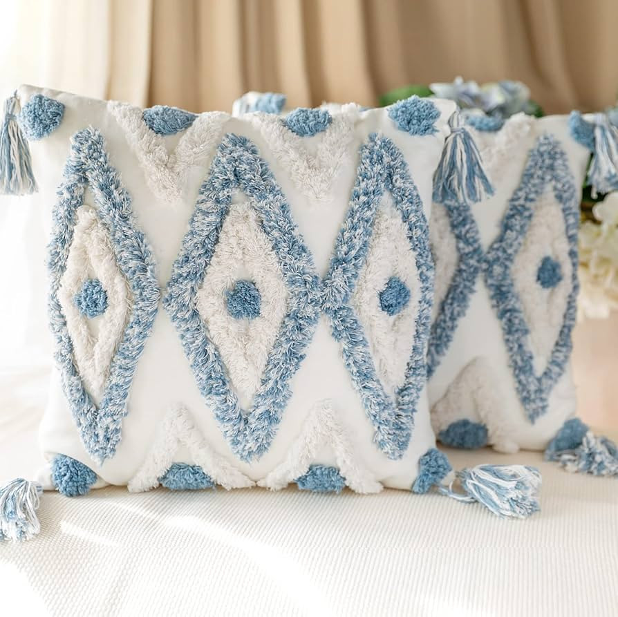 Set of 2 Cotton Woven Boho Throw Pillow Covers, Tufted Decorative Square Pillowcases Covers with ... | Amazon (US)