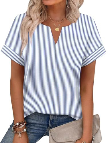 WIHOLL Business Casual Outfits for Women V Neck Short Sleeve Summer Tops 2026 Trendy Fashion Boho Tops Work Office Ladies Blouses Dressy T Shirts Blue White Stripes 2XL | Amazon (US)