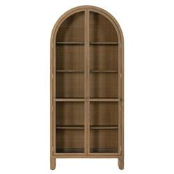 Iliana Coastal Beach Natural Wood Woven Cane 2 Glass Door Arched Display Case | Kathy Kuo Home