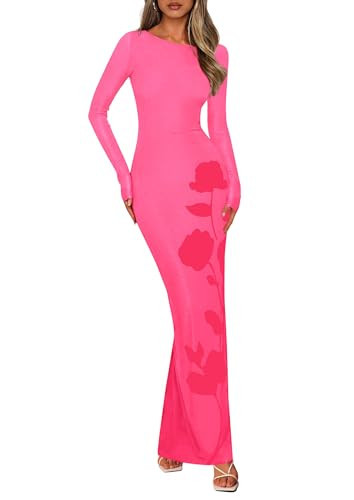 PRETTYGARDEN Bodycon Maxi Dress 2025 Fall Floral Long Sleeve Sexy Mesh Cocktail Wedding Guest Long Dresses (Pink,Small) | Amazon (US)
