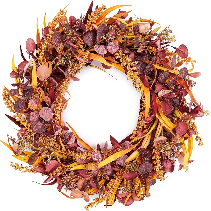 Decorjuvia Eucalyptus Fall Wreaths for Front Door with Berries & Mix Leaves - 24" Thanksgiving Ha... | Amazon (US)