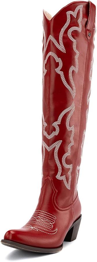 Womens White Cowgirl Boots Fashion Over the Knee Boots With Classic Embroidery Chunky Heels And W... | Amazon (US)