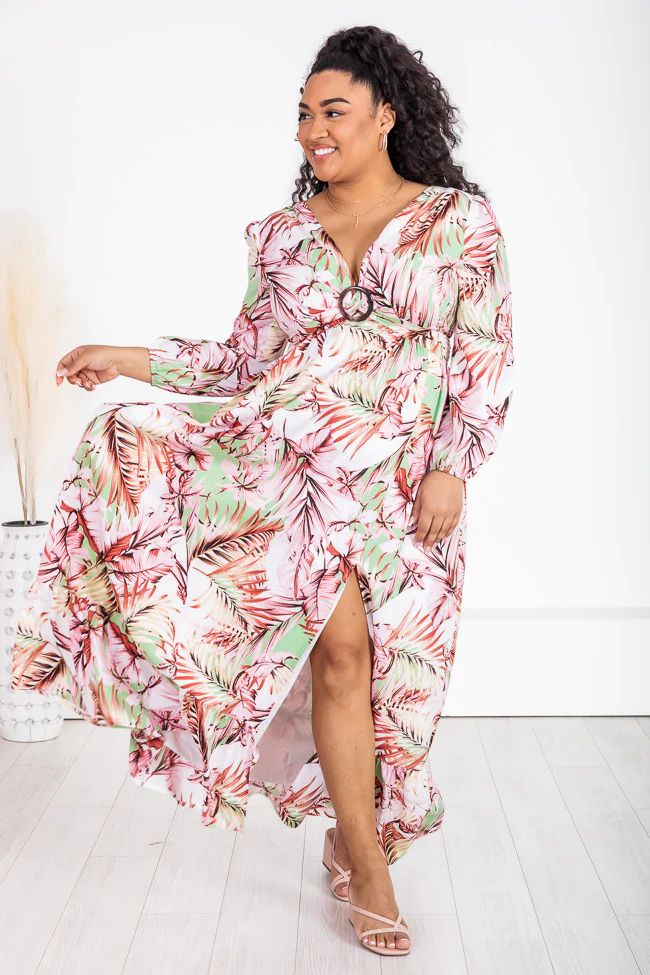 Where I Want To Be Pink and Green Tropical Printed Long Sleeve Maxi Dress | Pink Lily