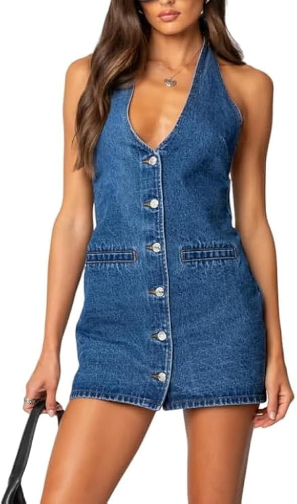 Women's Summer Sexy Backless Denim Dress Deep V-Neck Halter Mini Dress Sleeveless Button Down Jea... | Amazon (US)