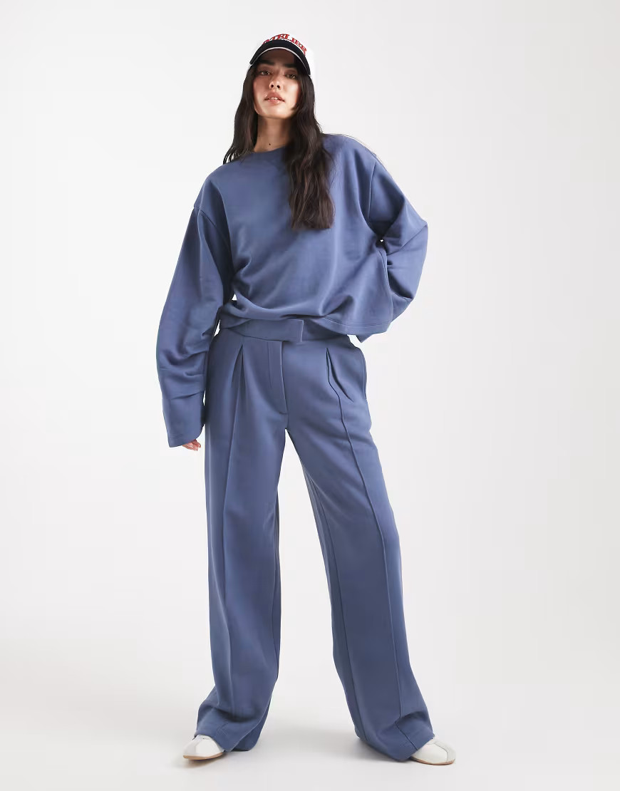 ASOS DESIGN oversized tailored brushback sweatpants with seam detail in denim blue-Navy | ASOS (Global)