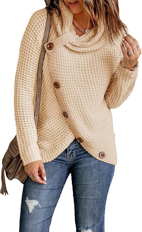 Asvivid Button Cowl Neck Sweaters for Women Long Sleeve Asymmetric Wrap Pullover Sweater Jumper T... | Amazon (US)