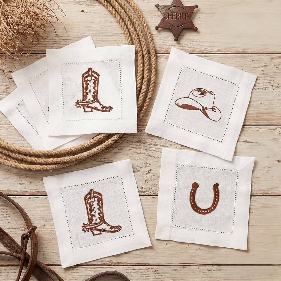 Batiyeer 6 Pcs Western Cowboy Napkins, 6x6 Linen Cotton Boot Hat Horseshoe | Amazon (US)