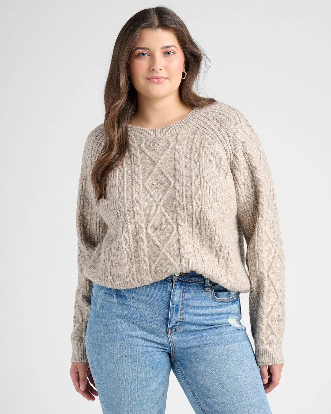 Plus Size Embellished Cable Crew Sweater | Seventy Eight and Sunny
