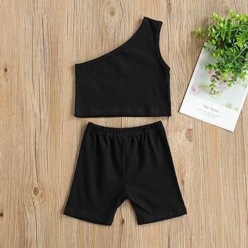 iddolaka Toddler Baby Girl Cotton One Shoulder Tank Top Vest+Shorts Solid Color Two Piece Outfit Set | Amazon (US)