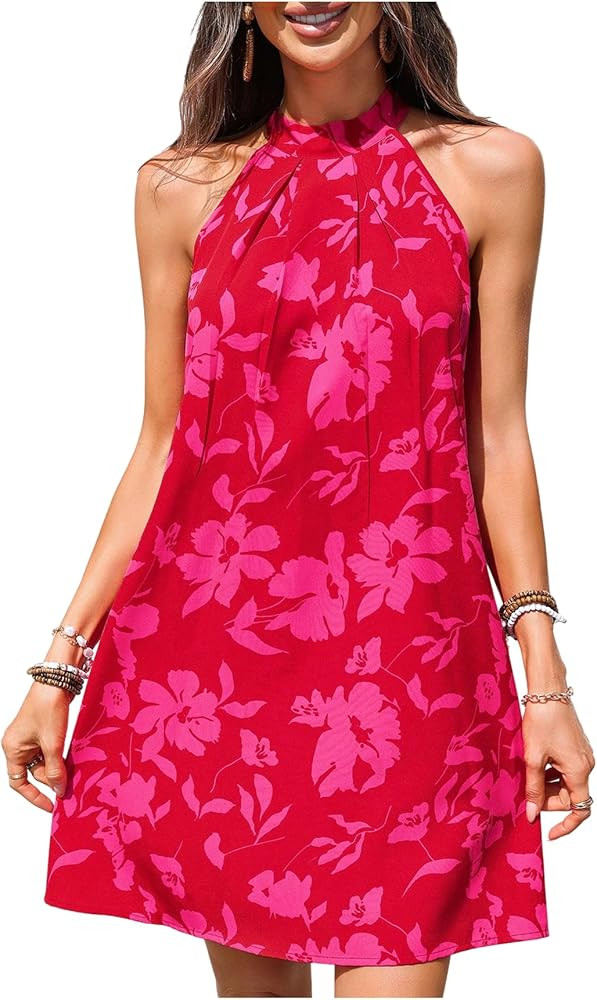Floerns Women's Sleeveless Floral Print Sundress Halter Neck A Line Short Dress | Amazon (US)