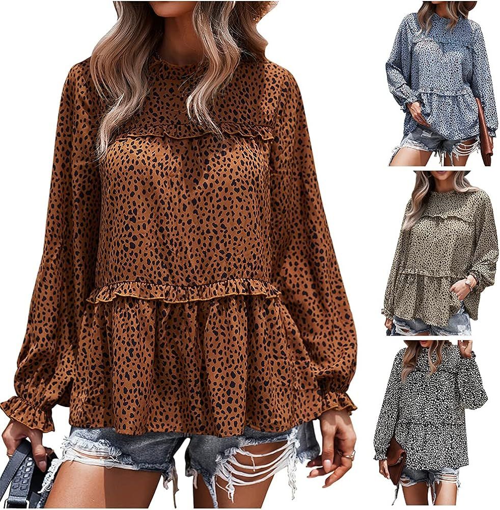 PRETTYGARDEN Women’s Chiffon Leopard Print Lantern Long Sleeve Blouses Ruffle Neck Loose Pullover To | Amazon (US)