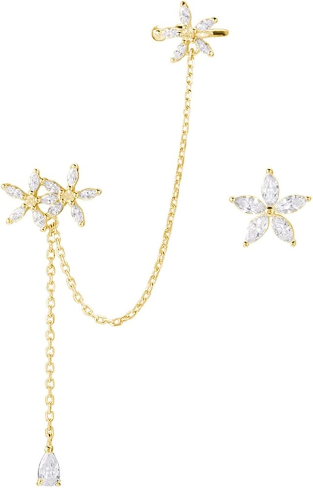 SLUYNZ 925 Sterling Silver Daisy Flowers Cuff Earrings Chain for Women Asymmetric CZ Daisy Earrin... | Amazon (US)