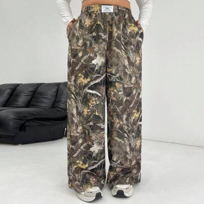 Plus Size Women Elastic Waist All-Over Printed Wide Leg Loose Pants With Side Pockets, For Thanksgiving | SHEIN