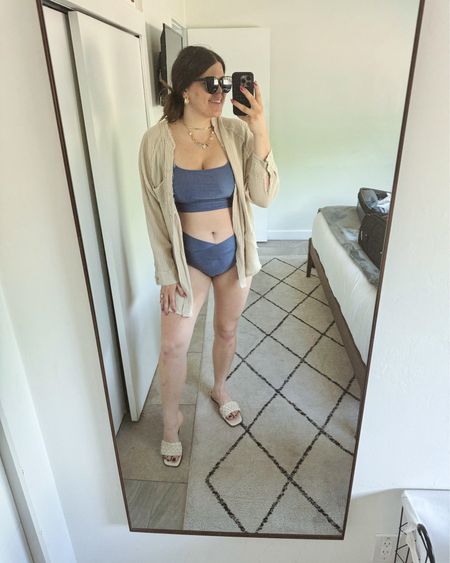 Midsize swimsuit from aerie! I love the longline ribbed look! I’m size large in top and bottoms - swim cover up is also aerie! I have these in multiple colors, love them so much! Wearing this outfit to hang by the pool today 🦋🫐🌊🐚

Midsize swimsuit, mom outfit, tummy, size 12, size 14, beach outfit, pool party, vacation, cruise, resort wear, spring break  

#LTKmidsize #LTKswim #LTKsalealert