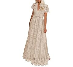 PRETTYGARDEN Women's Floral Lace Maxi Dress 2023 Short Sleeve V Neck Bridesmaid Wedding Evening P... | Amazon (US)