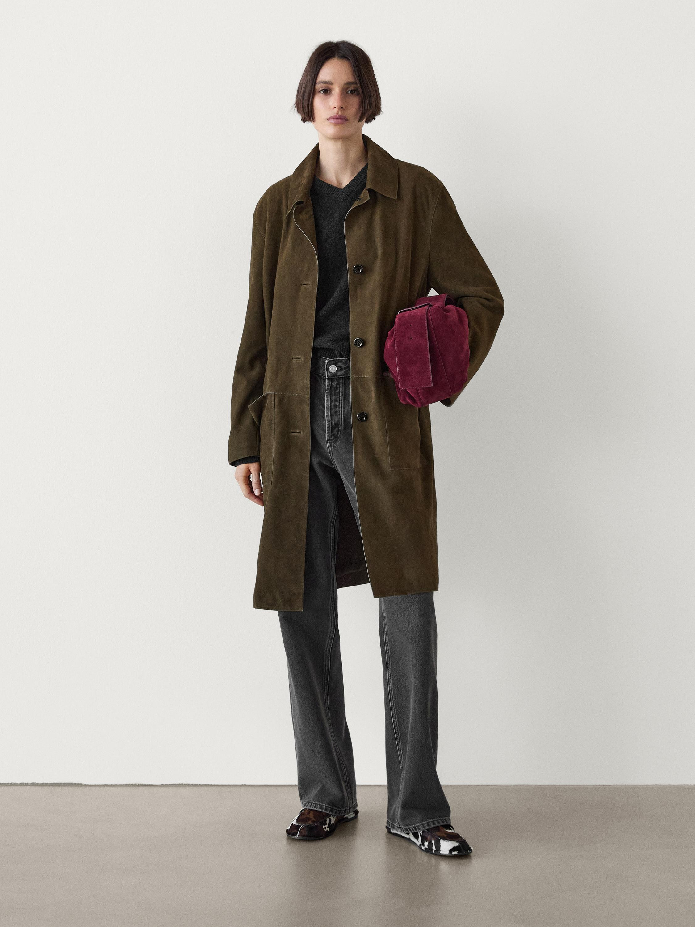 Suede leather coat with patch pockets | Massimo Dutti UK