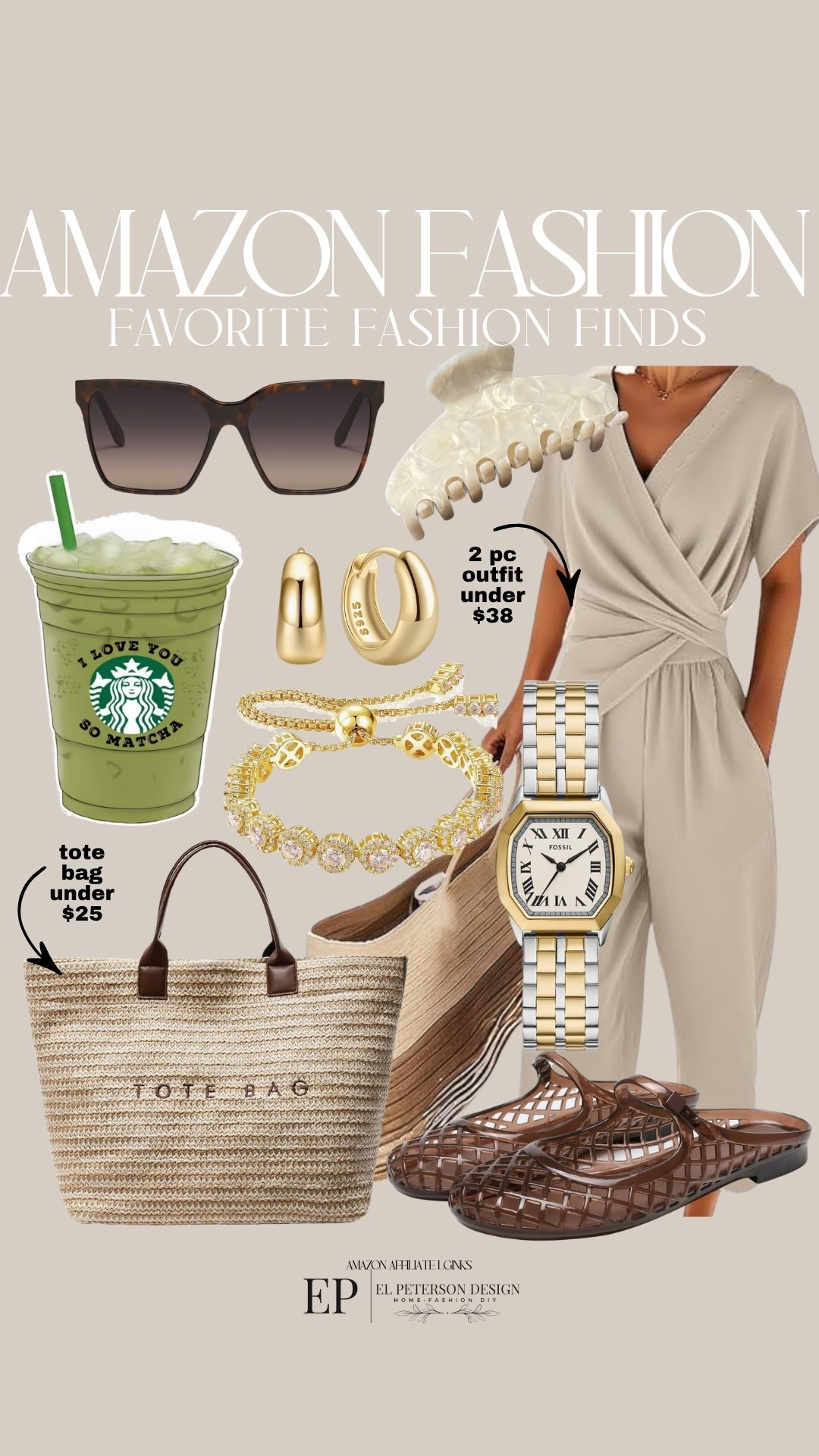 Amazon
2 pc outfit
Sunglasses
Earrings
Claw clip
Watch
Tote bag
Jelly shoes
Bracelet
Decal