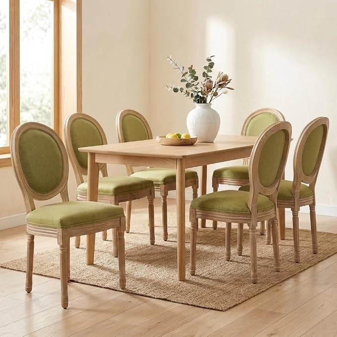 French Country Dining Chairs Set of 6, Olive Round Back Dining Chairs with Linen Upholstered Seat... | Amazon (US)